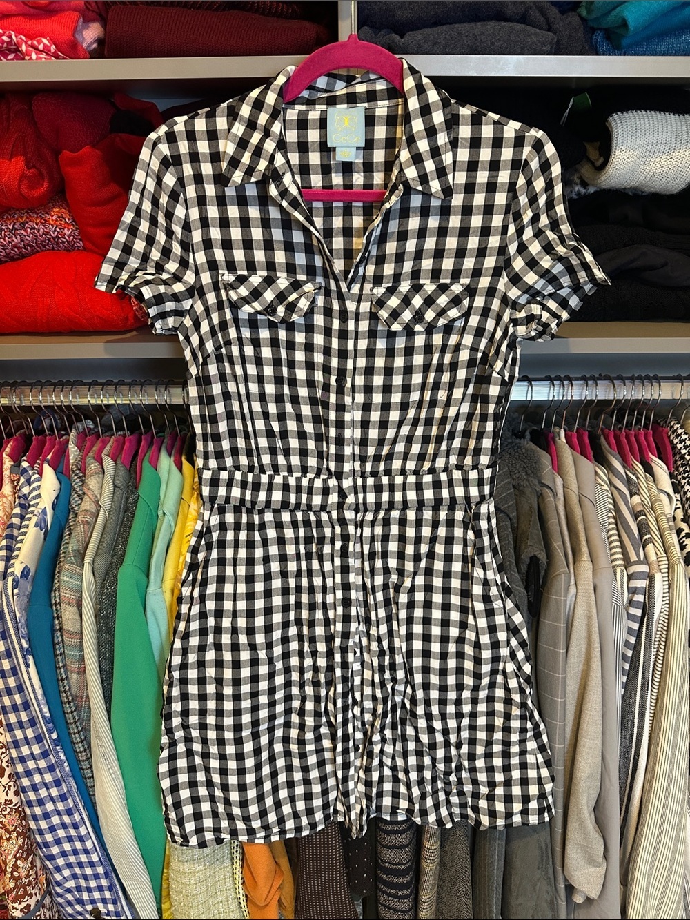 CeCe black/white gingham short sleeve 4 pocket elastic waistband dress size 4